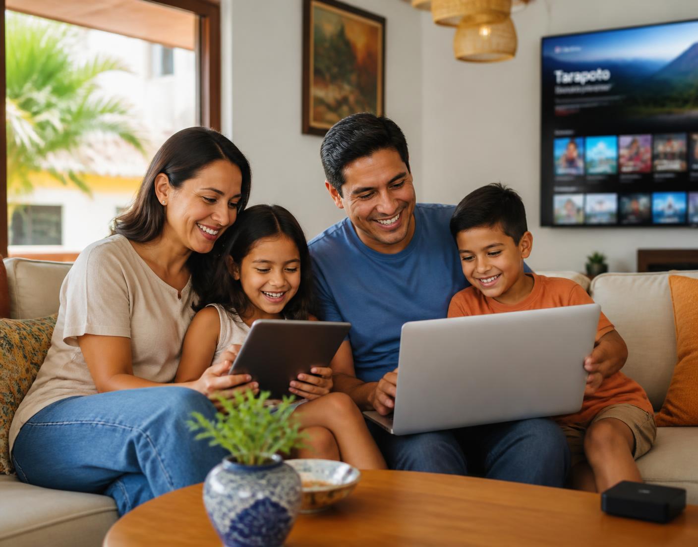 Familia disfrutando internet de fibra óptica en casa